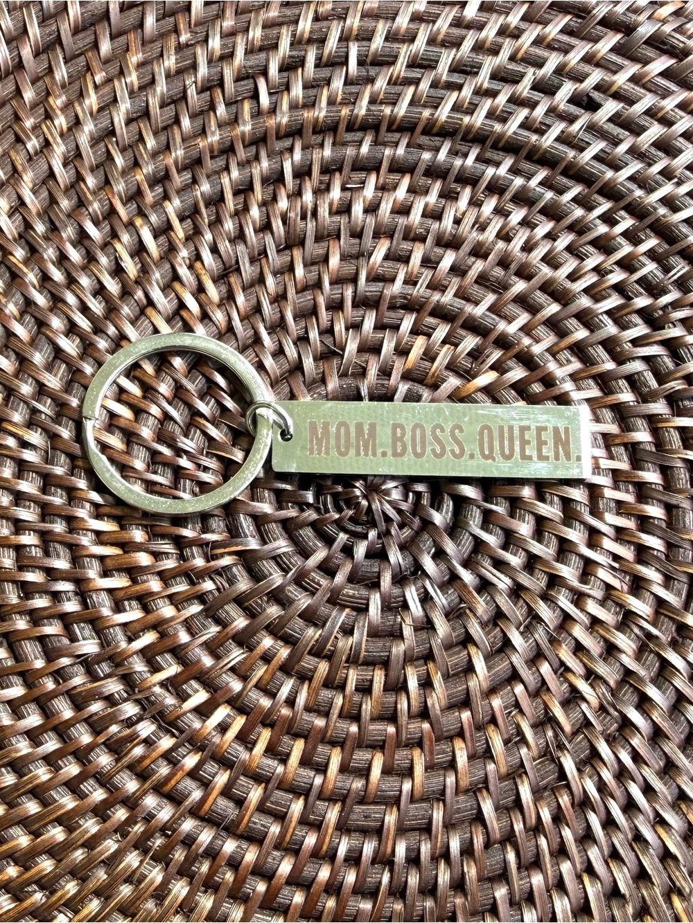 Silver "MOM. BOSS. QUEEN." Engraved Keychain